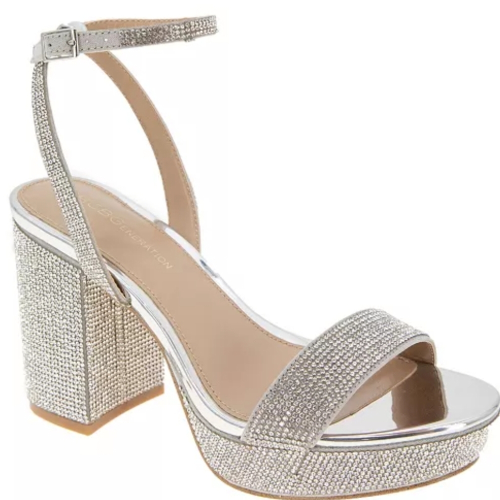 BCBGeneration Silver Pristal Rhinestone Platform  Buckle Dress Sandals